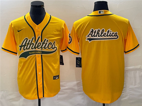 Men's Oakland Athletics Yellow Team Big Logo Cool Base Stitched Baseball Jersey 002